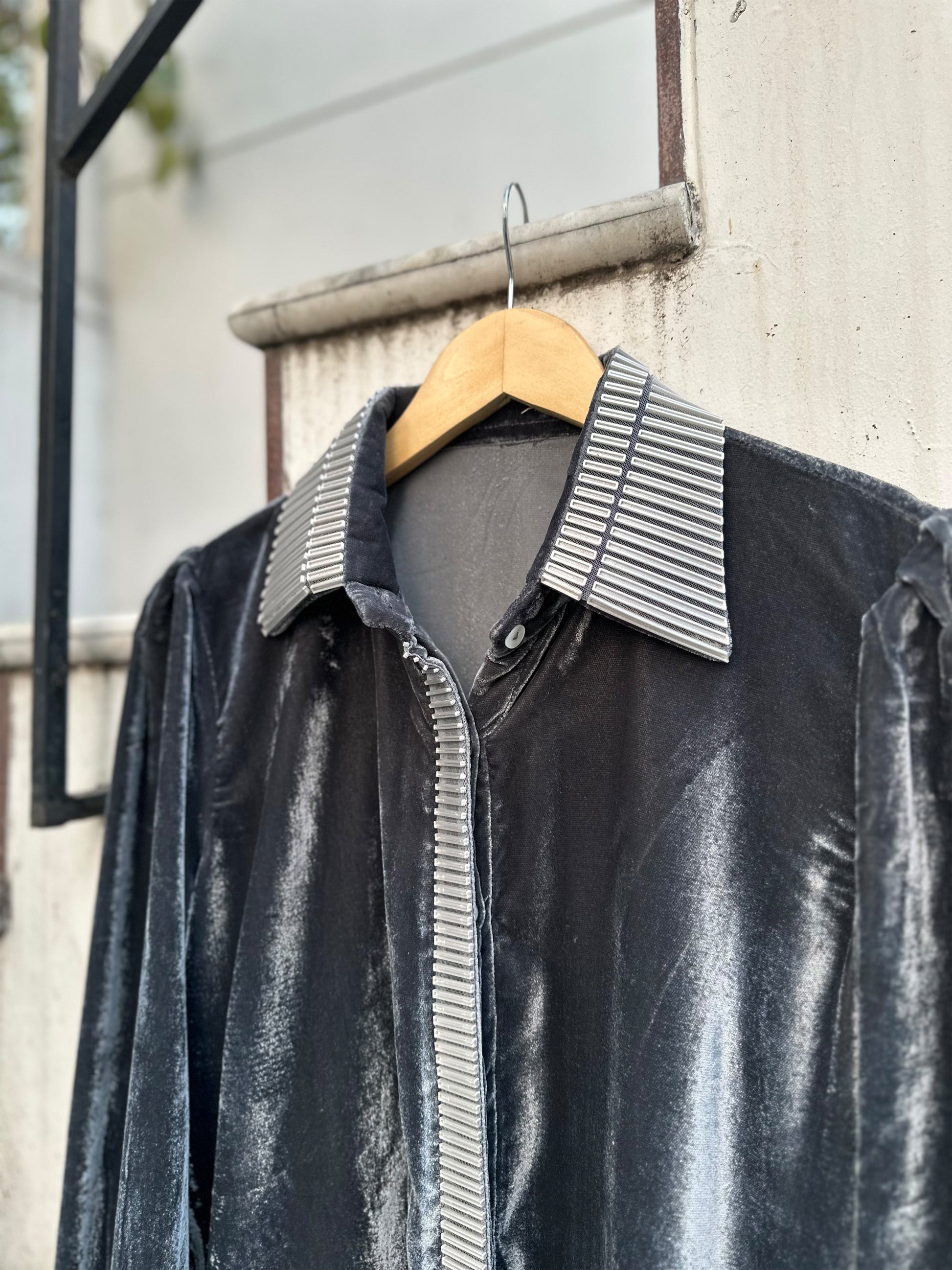 Grey velvet shirt with metallic 3D silver detailing and puff sleeves by Asaaye