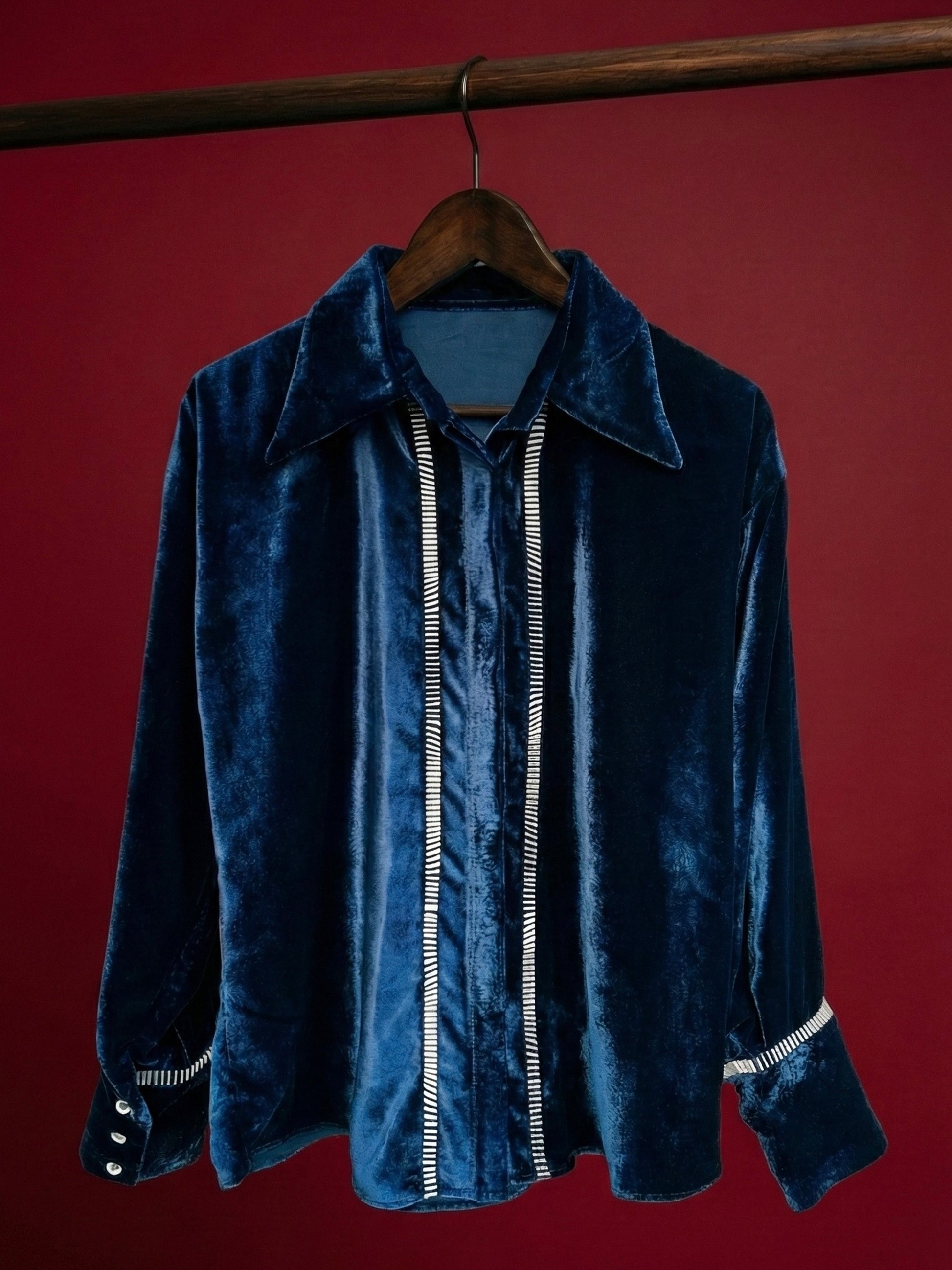 Teal velvet shirt with metallic 3D silver detailing on front and cuffs by Asaaye