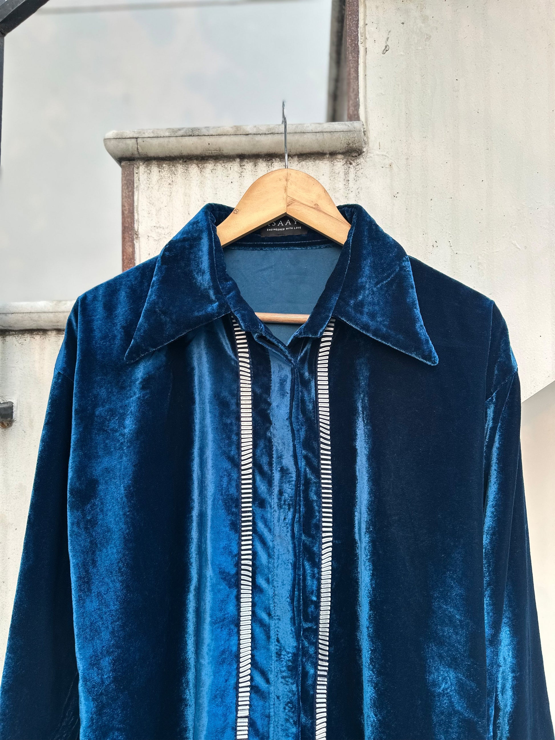 Teal velvet shirt with metallic 3D silver detailing on front and cuffs by Asaaye