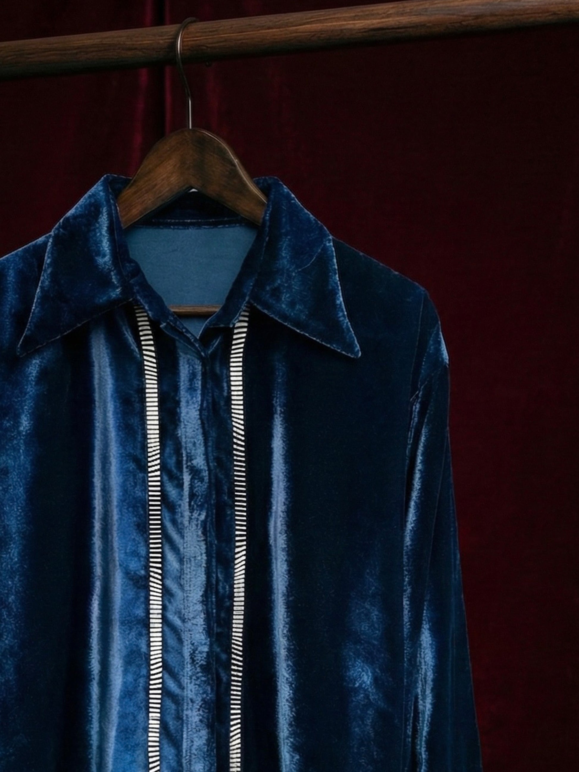 Teal velvet shirt with metallic 3D silver detailing on front and cuffs by Asaaye