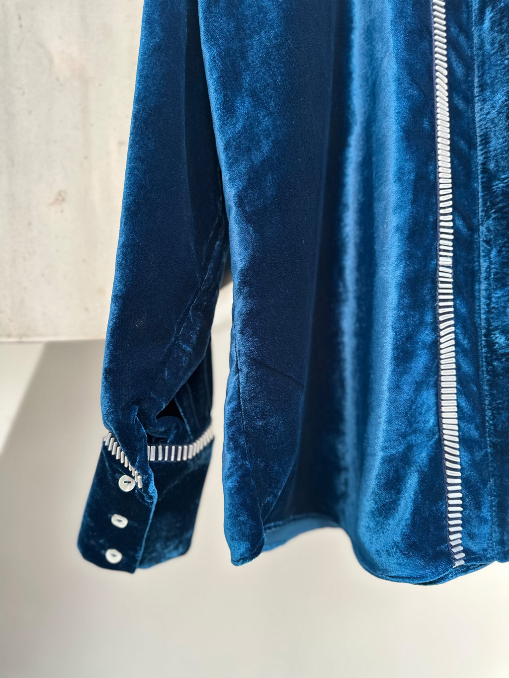 Teal velvet shirt with metallic 3D silver detailing on front and cuffs by Asaaye