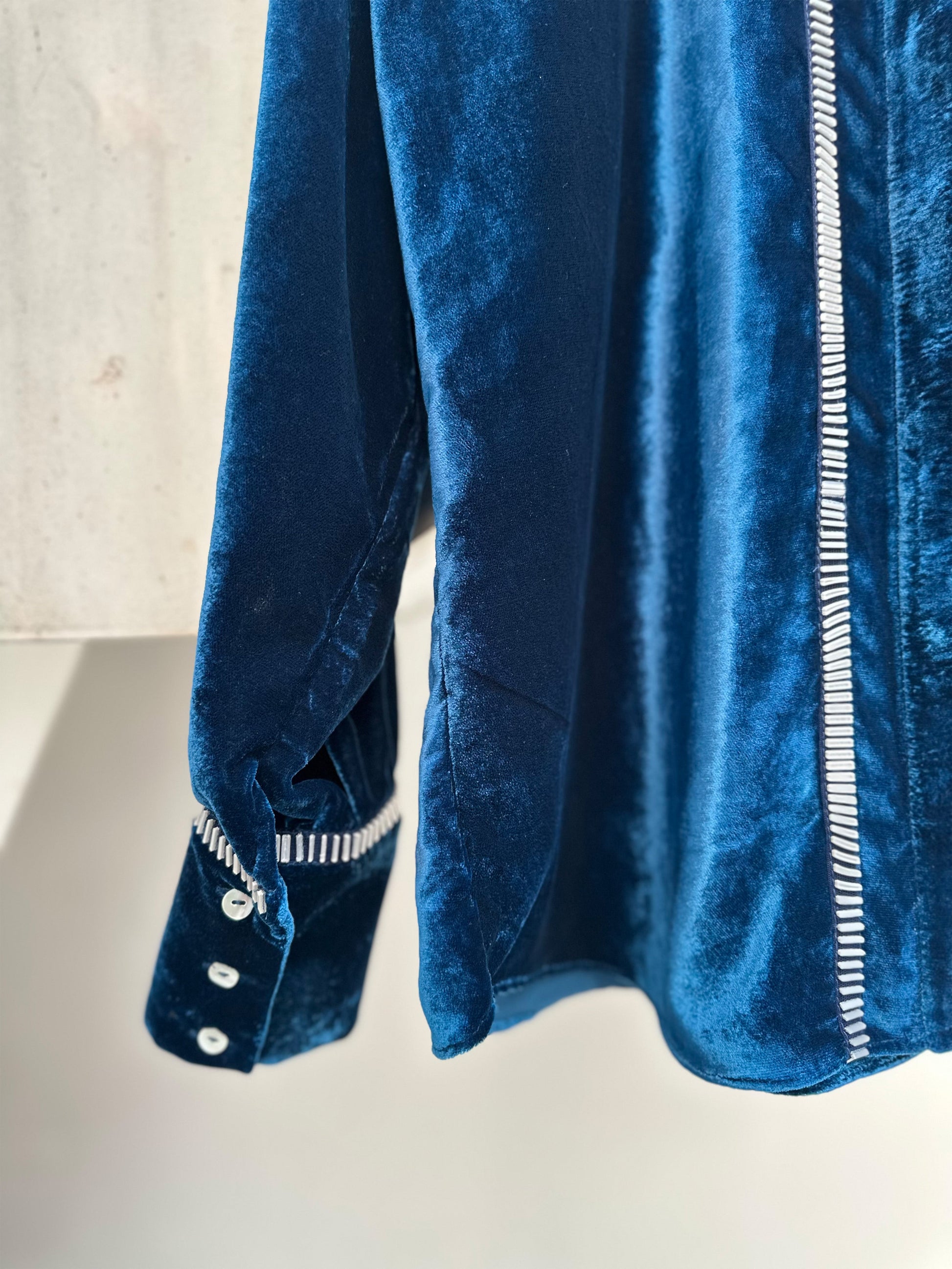 Teal velvet shirt with metallic 3D silver detailing on front and cuffs by Asaaye
