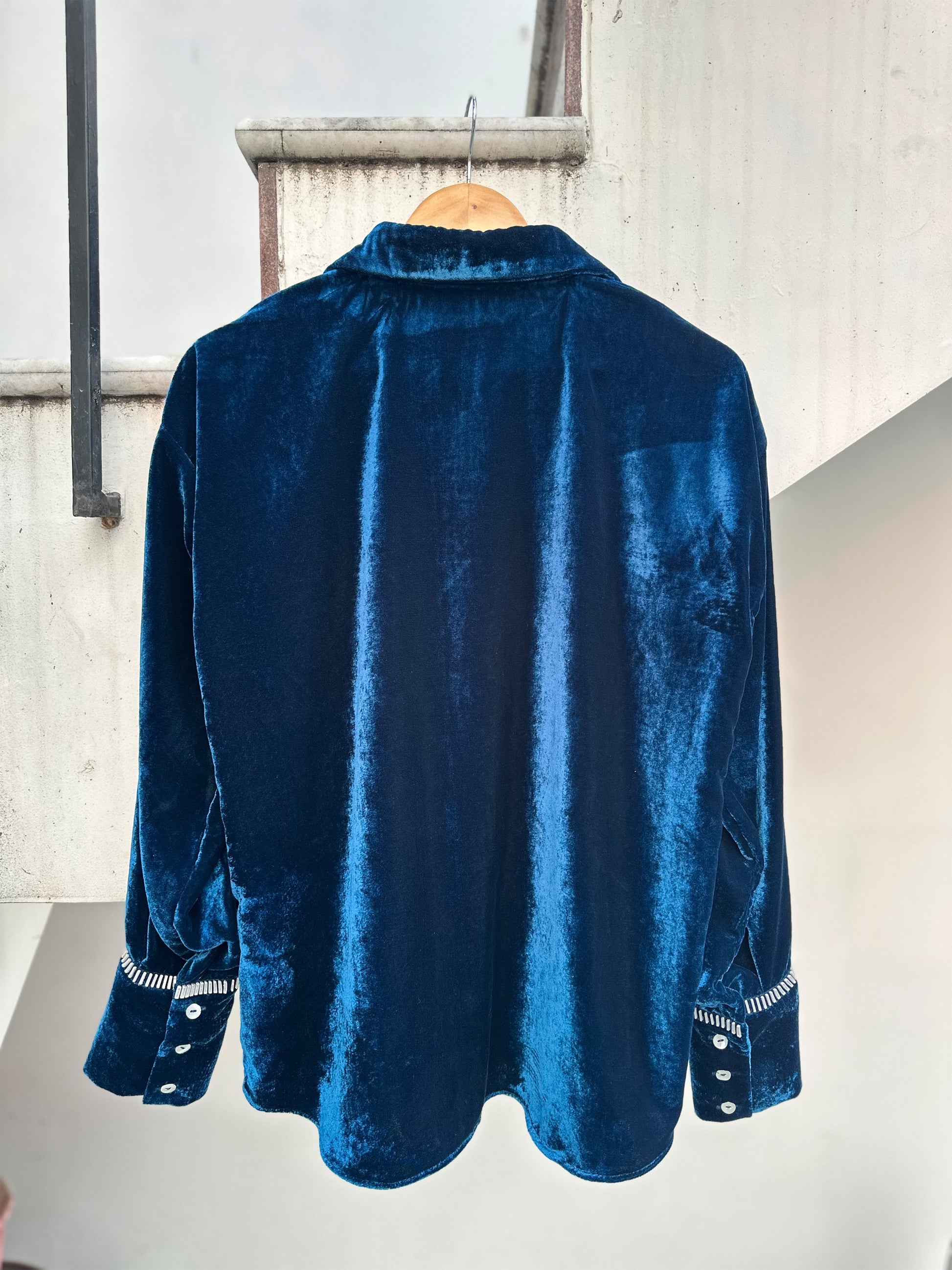 Teal velvet shirt with metallic 3D silver detailing on front and cuffs by Asaaye