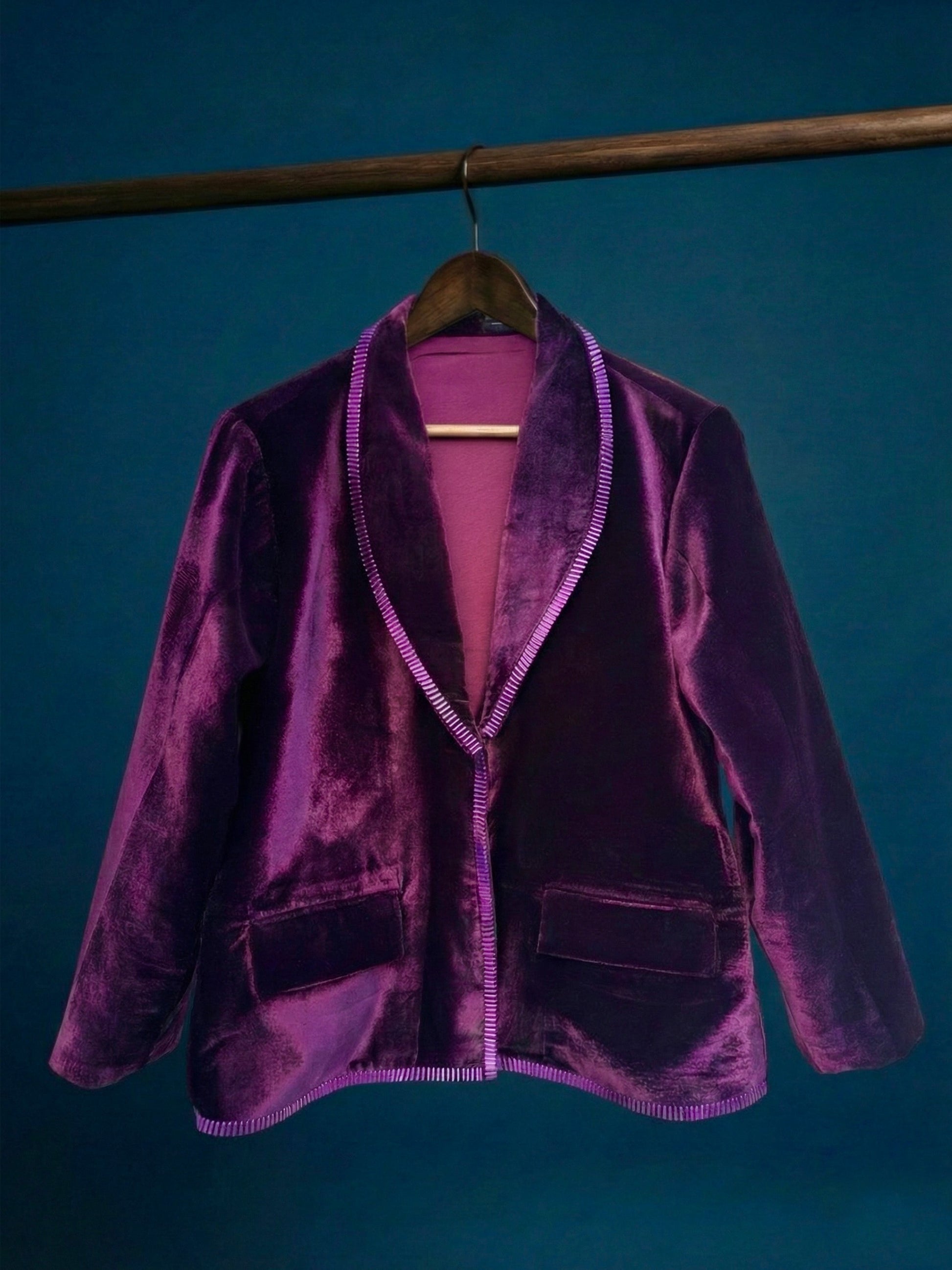 Dark violet velvet blazer with bold purple 3D detailing by Asaaye