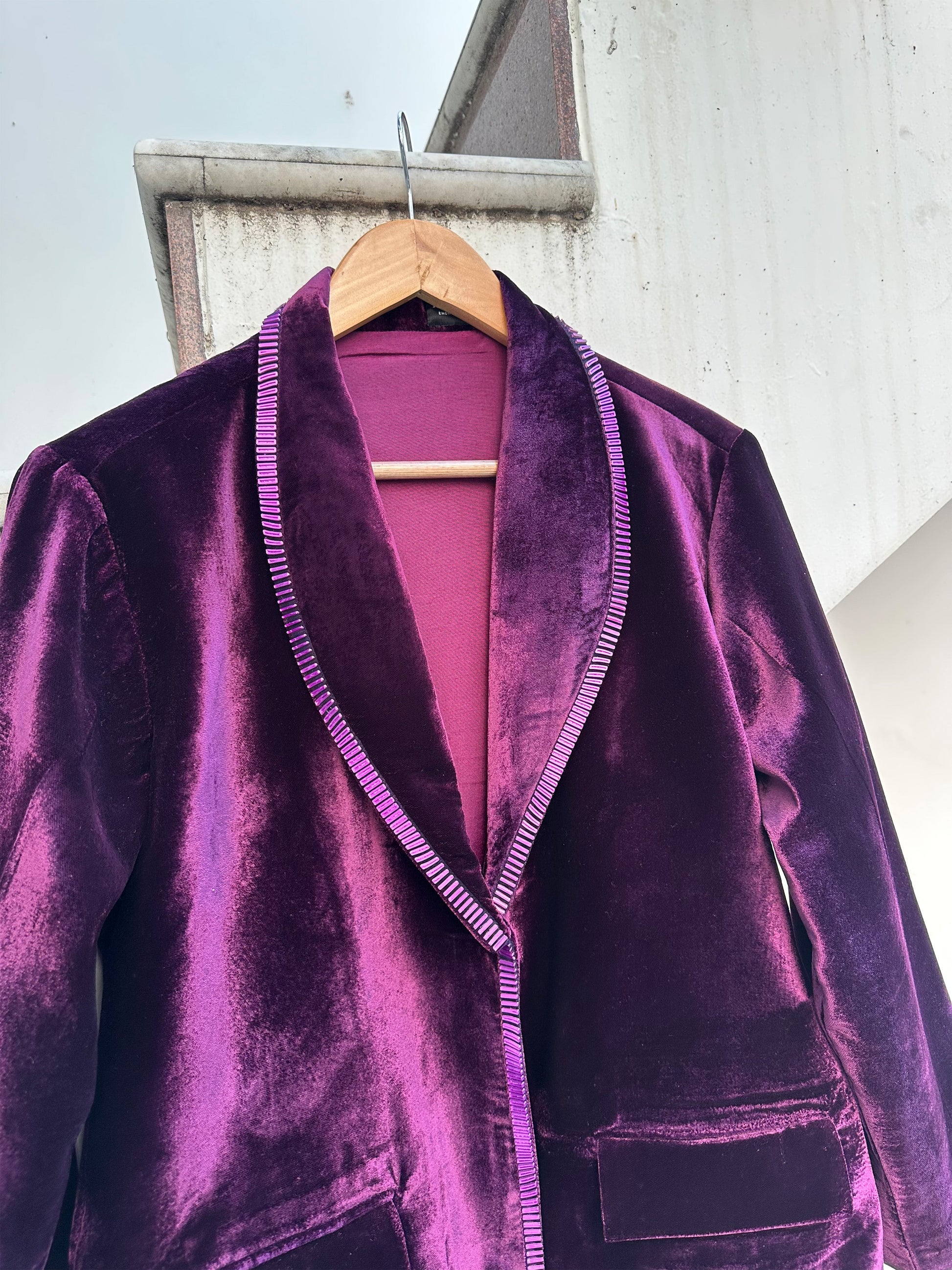 Dark violet velvet blazer with bold purple 3D detailing by Asaaye