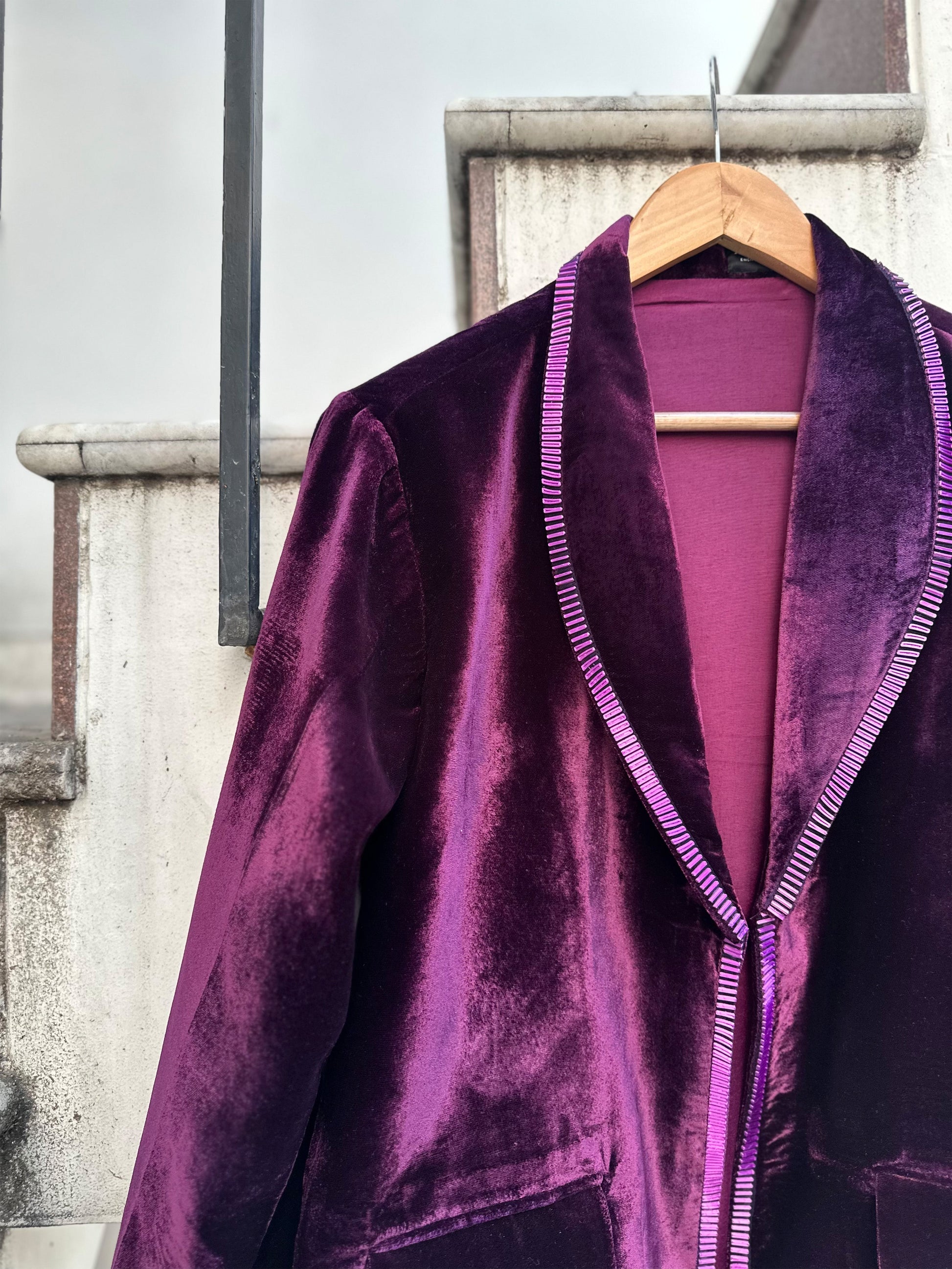 Dark violet velvet blazer with bold purple 3D detailing by Asaaye