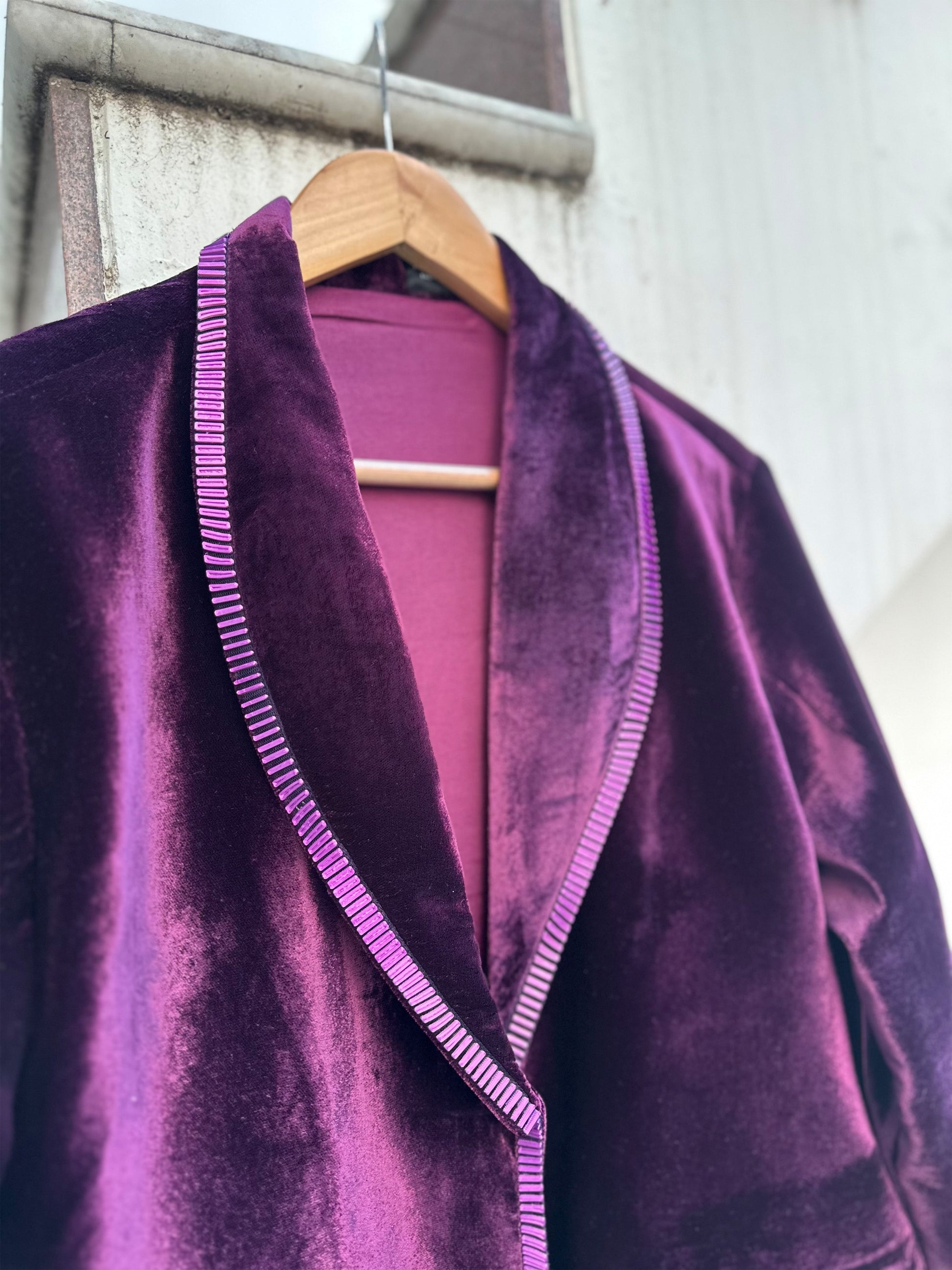 Dark violet velvet blazer with bold purple 3D detailing by Asaaye