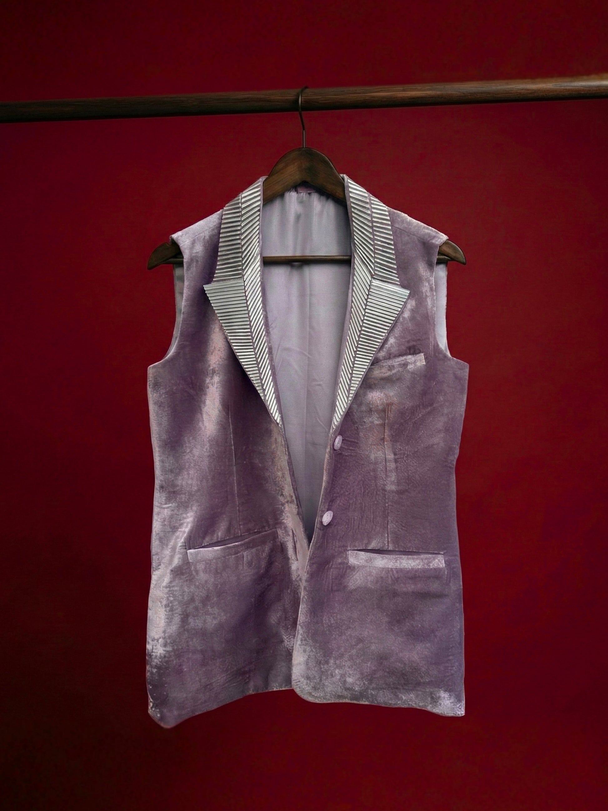 Lilac sleeveless velvet jacket with metallic 3D silver detailing on lapel and collar by Asaaye