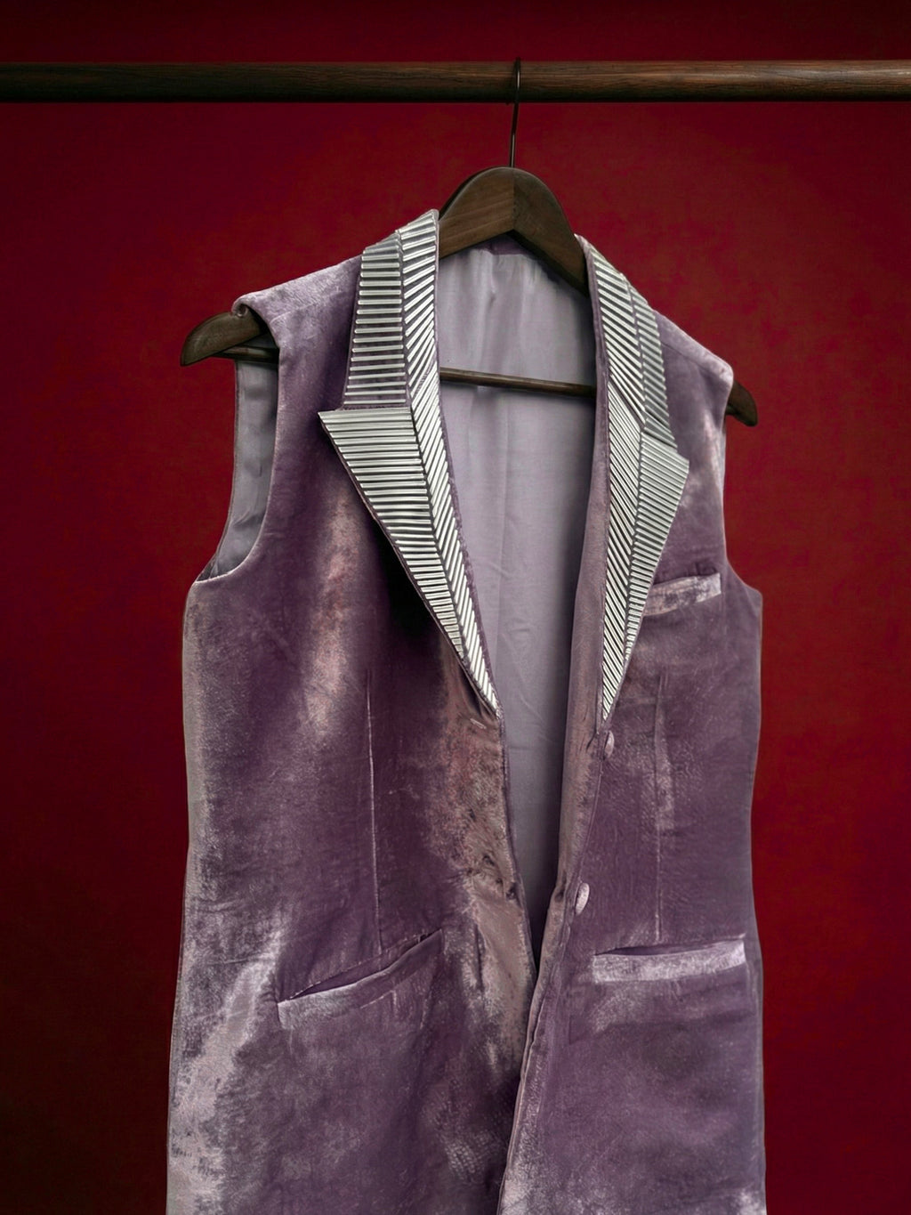 Lilac sleeveless velvet jacket with metallic 3D silver detailing on lapel and collar by Asaaye