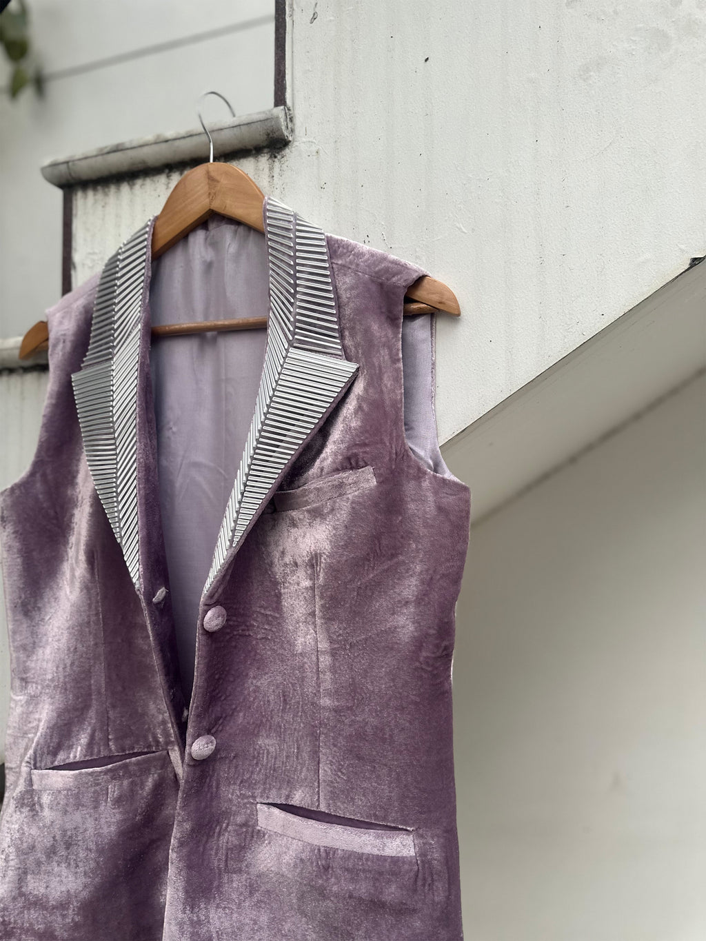 Lilac sleeveless velvet jacket with metallic 3D silver detailing on lapel and collar by Asaaye